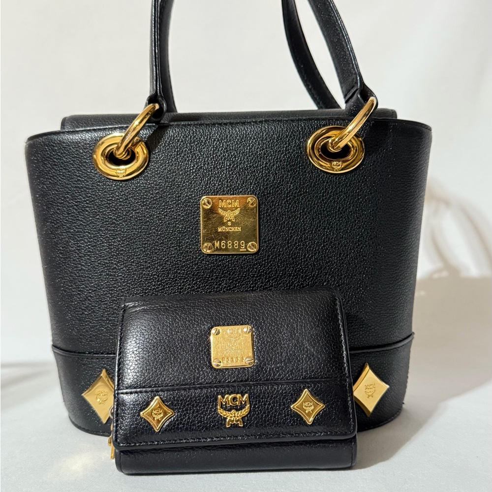 Authentic MCM Black Small Handbag with Bifold Small Wallet Set